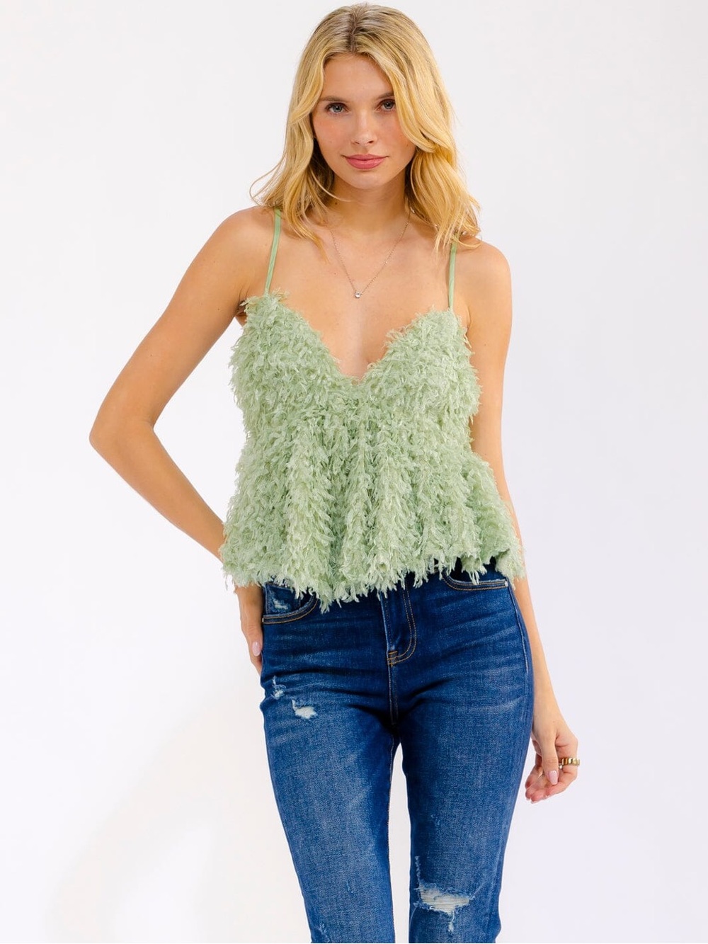 NWT Sage Green Fringe Tank | Textured Boho Cami